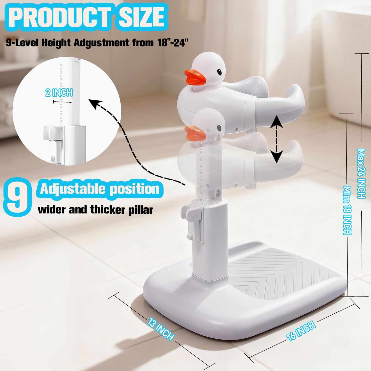 Adjustable Baby Shower Stand Support - Safety & Non-Slip Baby Bath Stand, Toddler Shower Stand for Infants 6-36 Months, Standing Bathtub Max 55 Lbs Capacity, Includes Shower Cap and Stool(Grey)
